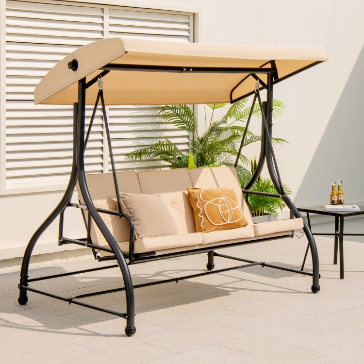 3-seat outdoor porch swing with adjustable beige canopy, removable cushions, perfect for relaxing on the patio.