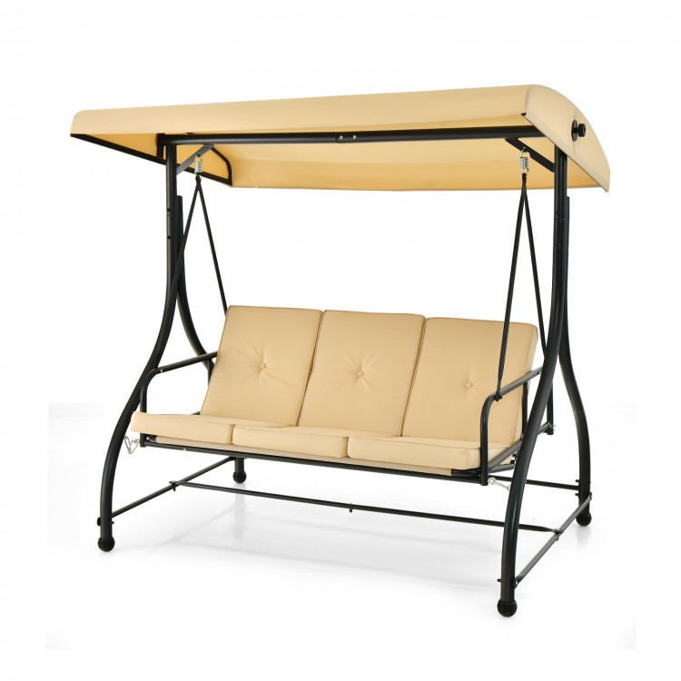 Three-seat outdoor porch swing in beige with adjustable canopy, perfect for relaxing in your yard or patio.
