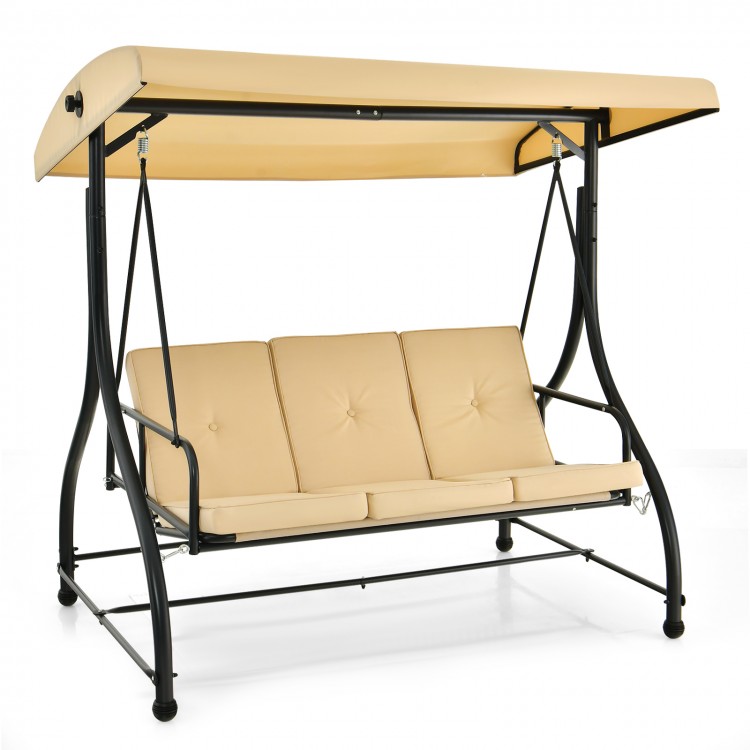 3-seat outdoor porch swing in beige with adjustable canopy, perfect for relaxing in your yard or patio.