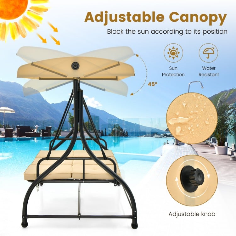 3-seat outdoor porch swing with adjustable beige canopy, perfect for patio relaxation and sun protection.