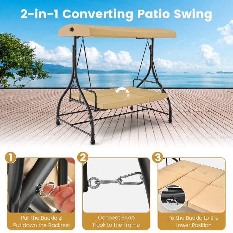 3-seat outdoor porch swing with adjustable beige canopy, convertible to bed mode, perfect for patio relaxation.