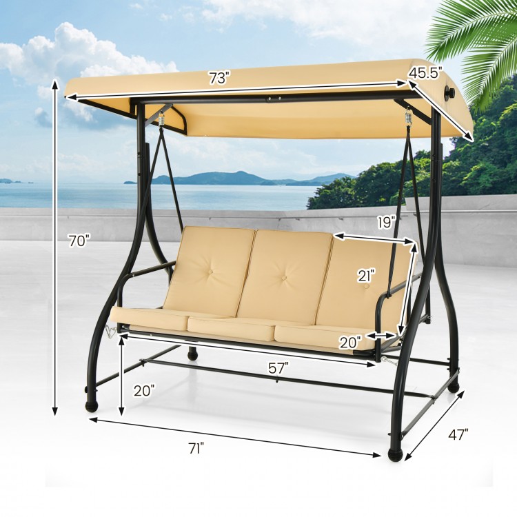 3-seat outdoor porch swing with adjustable beige canopy, removable cushions, and sturdy steel frame for patio.