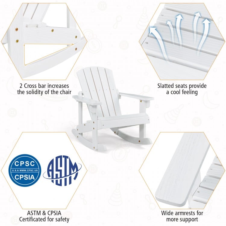 White outdoor wooden kid Adirondack rocking chair with slatted seat, featuring wide armrests and sturdy cross bars for.