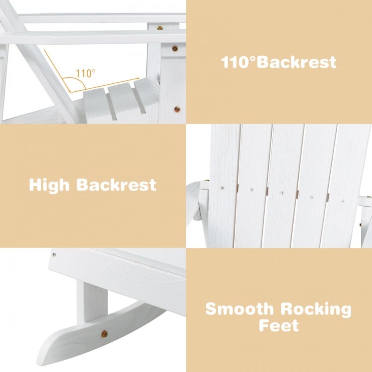 High backrest and smooth rocking feet of the white outdoor wooden kid Adirondack rocking chair for relaxing use.