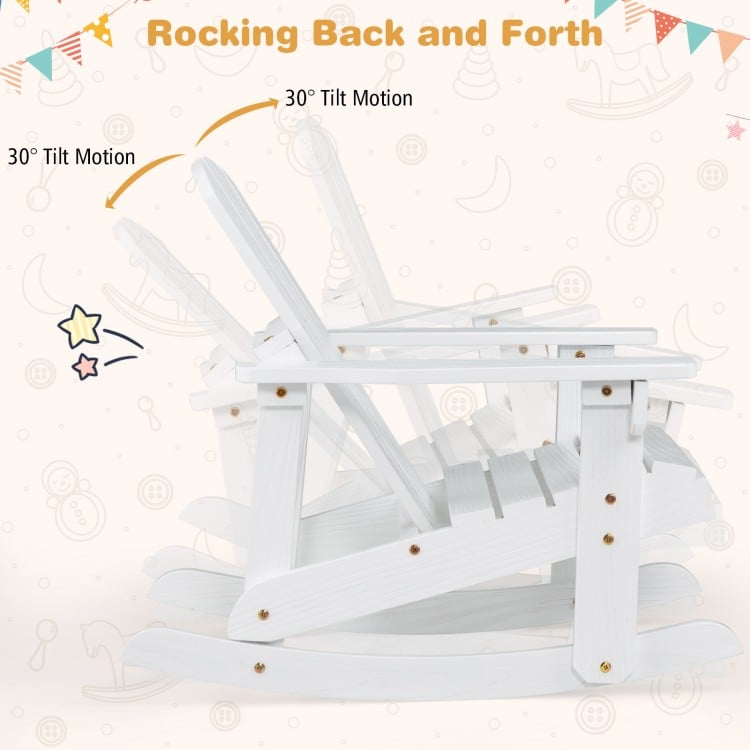 White outdoor wooden kid Adirondack rocking chair showing 30° tilt motion, featuring a slatted seat for comfort.