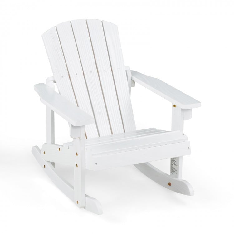 White outdoor wooden kid Adirondack rocking chair with slatted seat, designed for safety and relaxation in outdoor.
