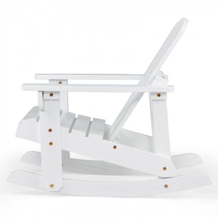 Side view of the white outdoor wooden kid Adirondack rocking chair, showcasing sturdy construction and slatted design.