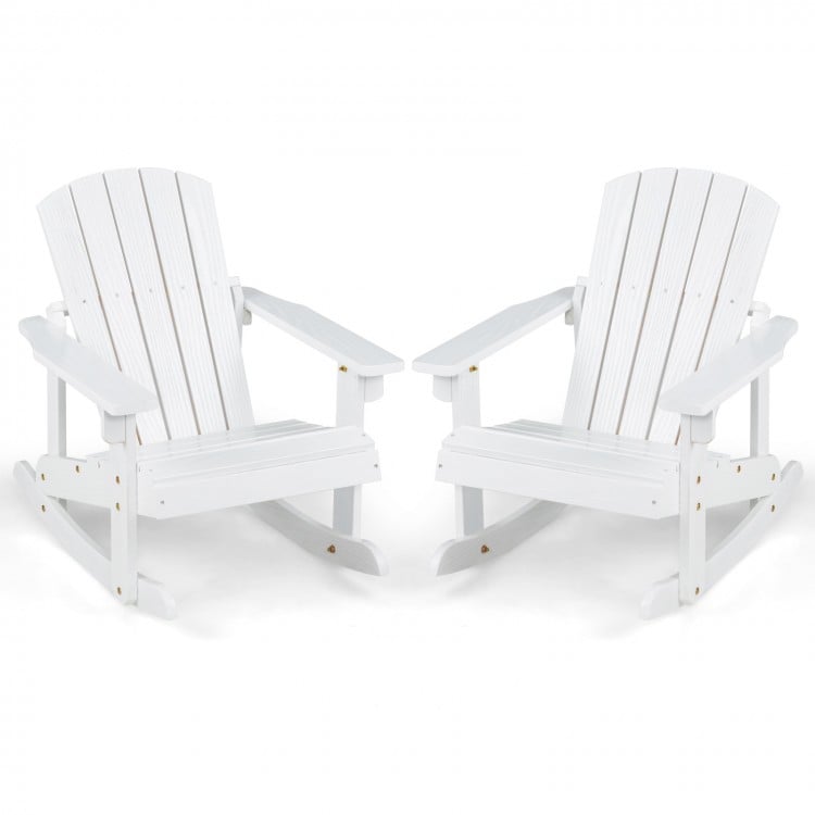 White outdoor wooden kid Adirondack rocking chairs with slatted seats, perfect for relaxing in your outdoor space.