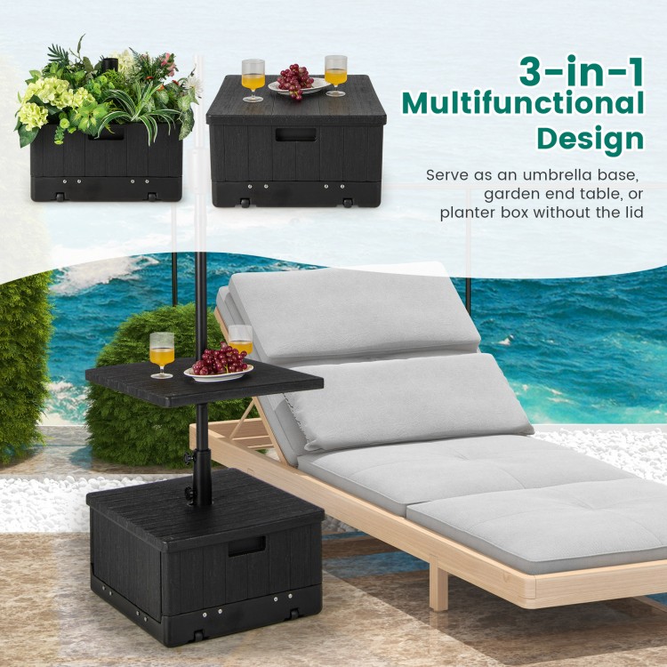 Outdoor fillable umbrella base in black, serving as a table tray and planter box, designed for stability and easy.