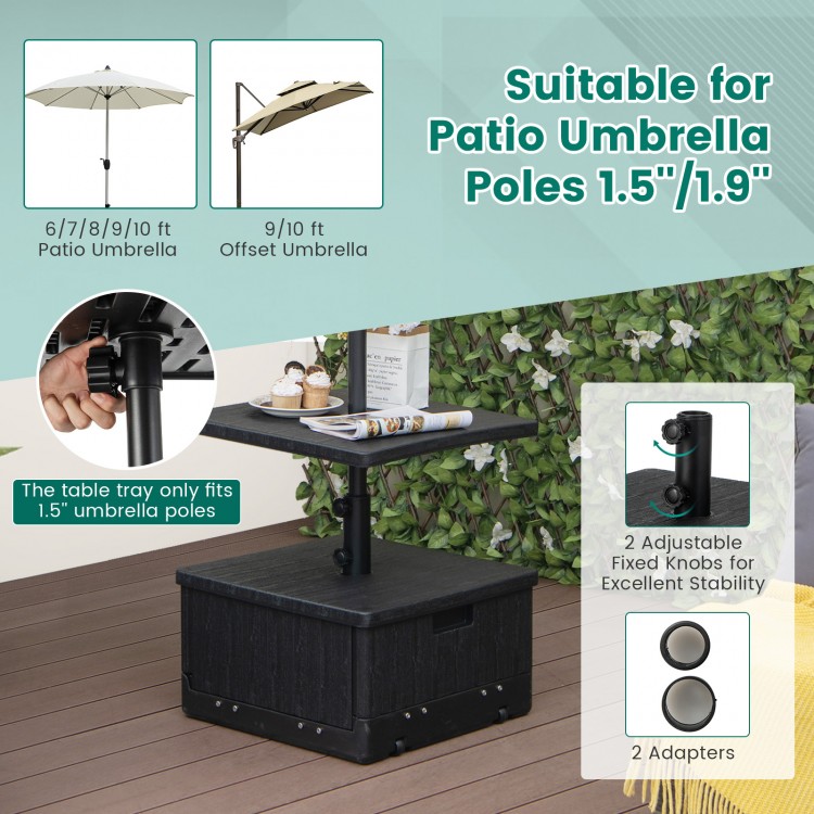 Black 175 lbs outdoor fillable umbrella base with table tray, suitable for 1.5"/1.9" poles, ideal for patio use.