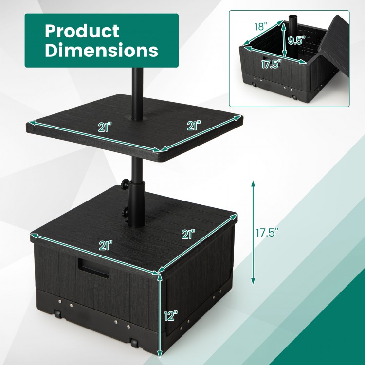 Fillable umbrella base with table tray, black, featuring adjustable knob and dimensions for stability and versatility.