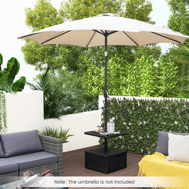 Outdoor fillable umbrella base with table tray, black, designed for stability and versatile use in gardens or patios.