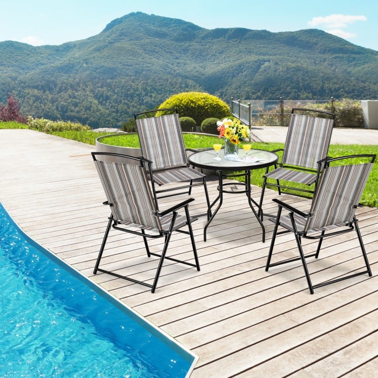 Set of 2 gray patio folding sling chairs by the pool, featuring breathable fabric and stable armrests for outdoor.