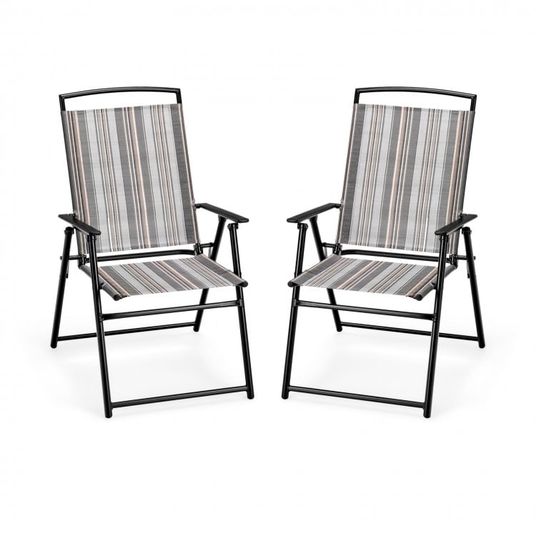 Set of 2 gray patio folding sling chairs with breathable fabric and stable armrests, perfect for outdoor dining.