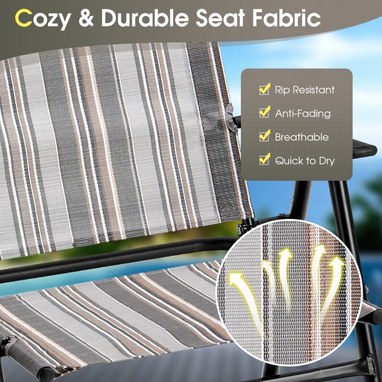 Gray breathable fabric of a patio folding sling chair, featuring rip-resistant and quick-dry properties for outdoor use.