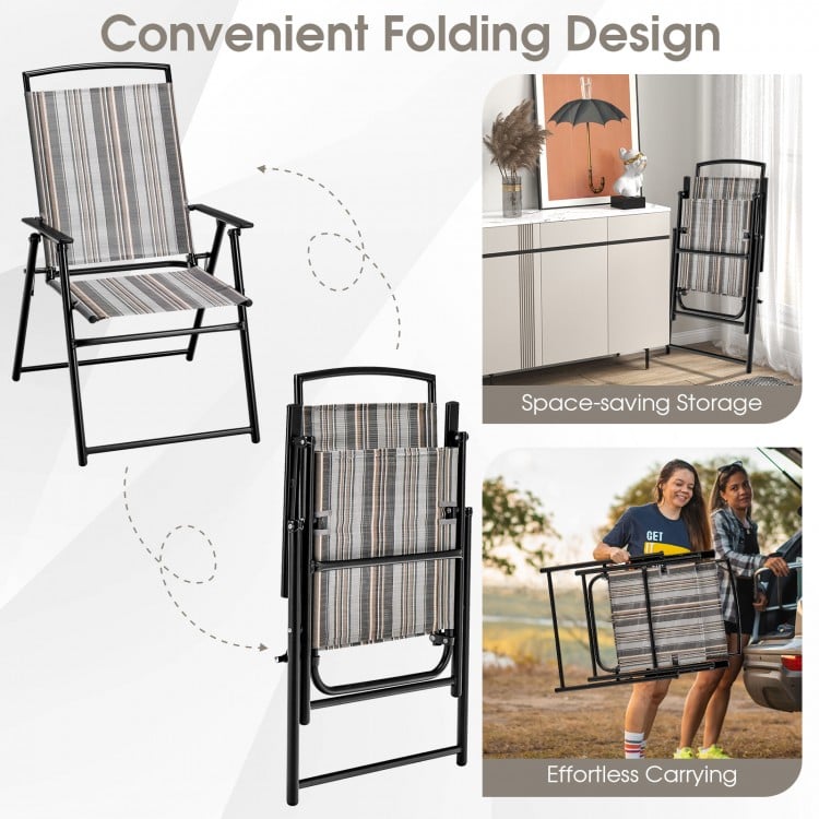 Gray patio folding sling chair with a space-saving design, featuring a breathable fabric surface for outdoor comfort.