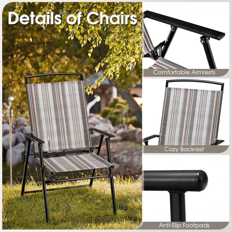 Gray patio folding sling chair with comfortable armrests and anti-slip footpads, perfect for outdoor dining.