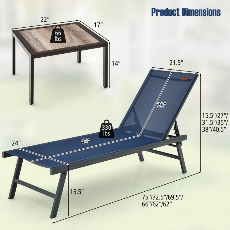 Dimensions of the 3-piece patio chaise lounge chair and table set, featuring a navy adjustable backrest and wood-like.