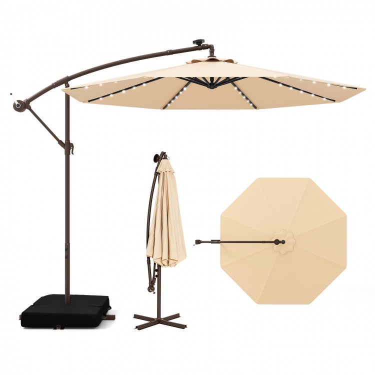 10 feet cantilever umbrella in beige with solar LED lights, sandbag base, and sturdy steel ribs for outdoor stability.