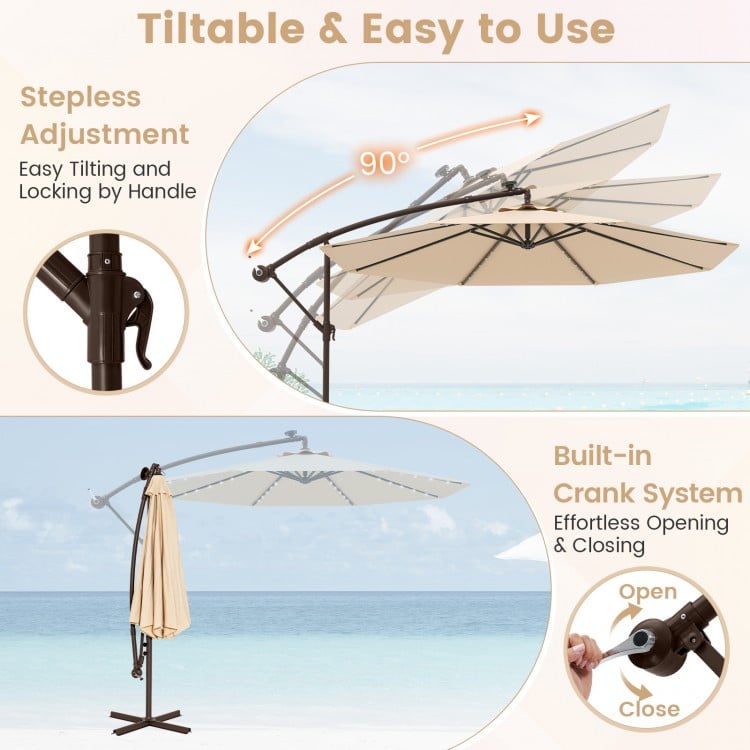 10 feet cantilever umbrella in beige with solar LED lights, featuring a crank system for easy opening and tilting.