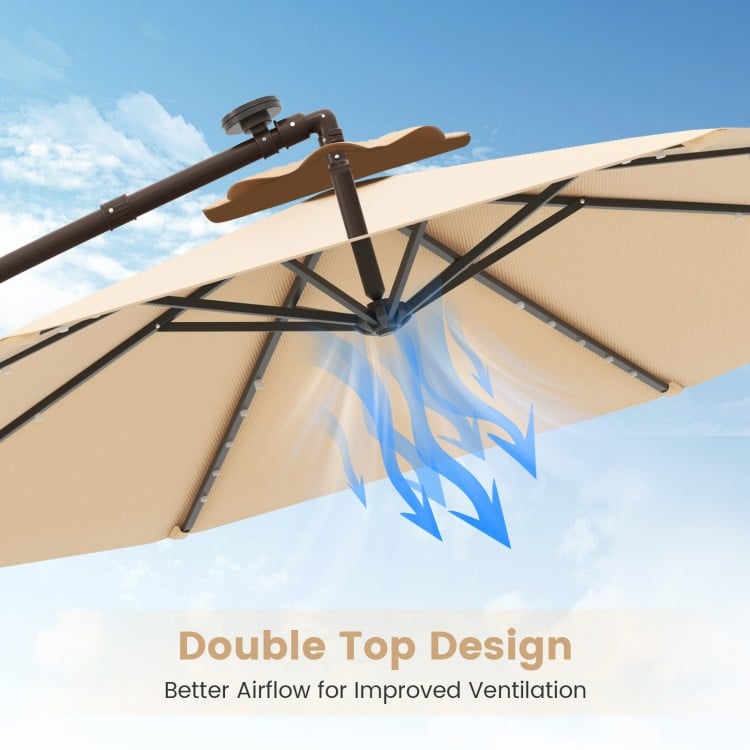 Double top design of the 10ft cantilever umbrella enhances airflow, featuring beige tear-resistant canopy and sturdy.