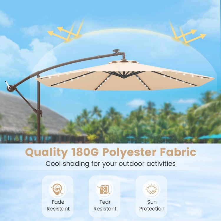 10 feet cantilever umbrella in beige with LED lights, featuring tear-resistant fabric and sun protection for outdoor.