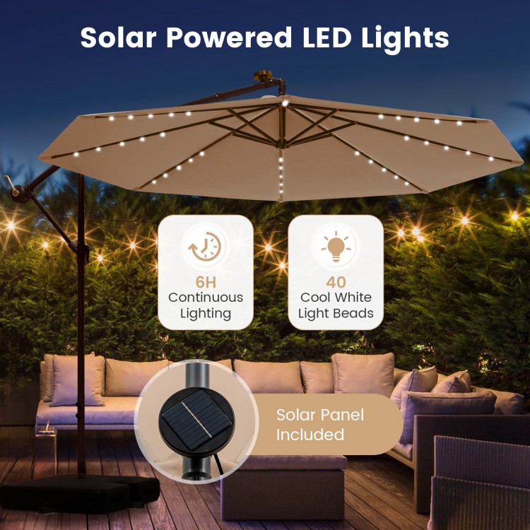 10 feet cantilever umbrella in beige with 32 solar-powered LED lights, perfect for outdoor relaxation and decor.