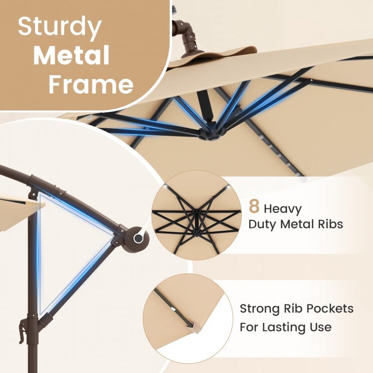 Close-up of the 10-foot cantilever umbrella's sturdy metal frame with 8 heavy-duty ribs, designed for outdoor stability.