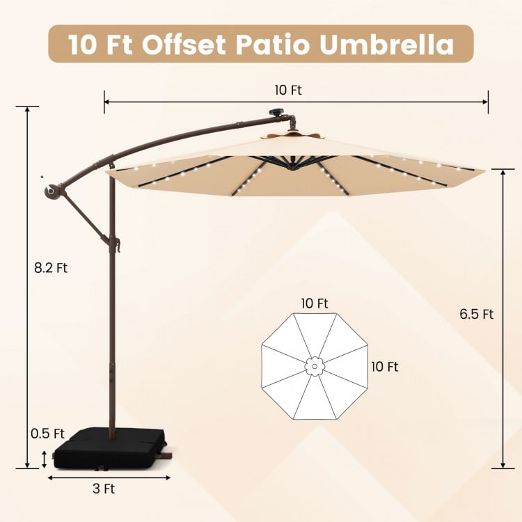 10 ft cantilever patio umbrella in beige with solar LED lights, featuring a sturdy base and adjustable crank for.