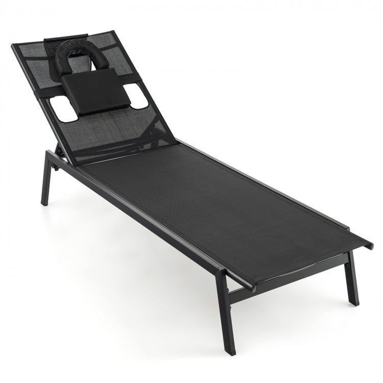 Black patio sunbathing lounge chair with adjustable 5-position backrest and headrest, perfect for poolside relaxation.