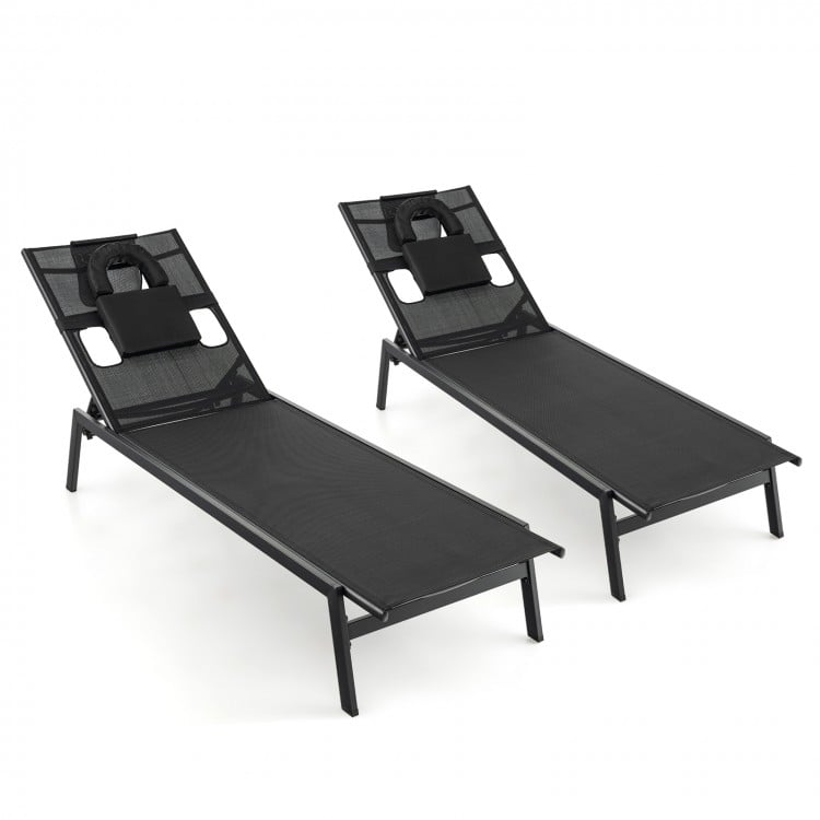 Black patio sunbathing lounge chairs with adjustable 5-position backrest and headrest pillows, ideal for poolside.