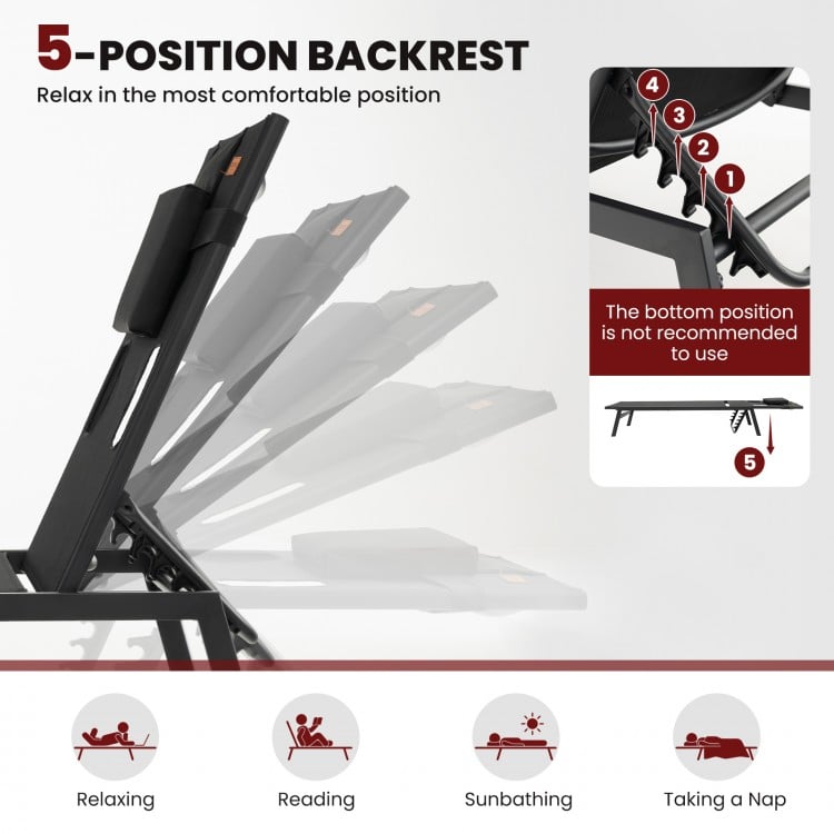 5-position adjustable backrest of the black patio sunbathing lounge chair for ultimate relaxation by the poolside.