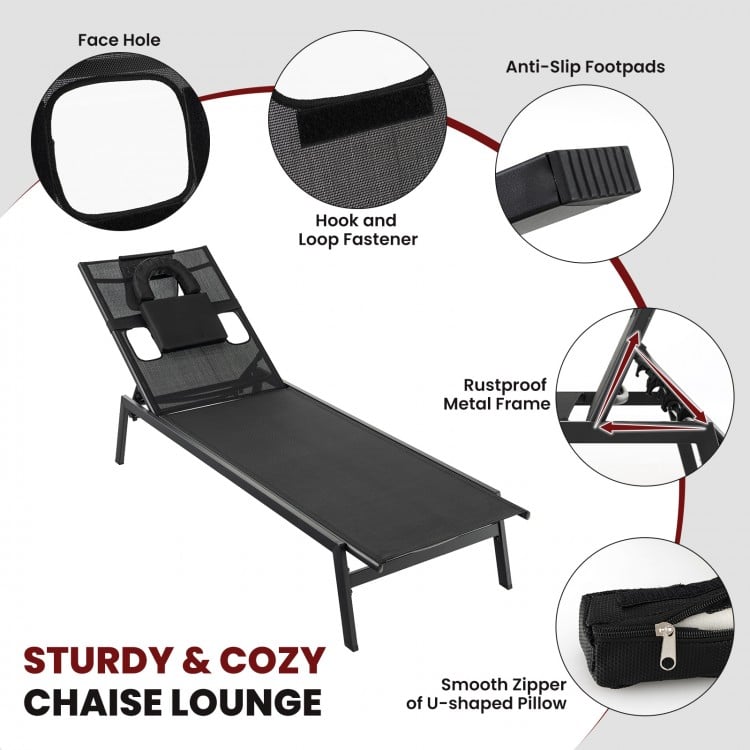 Black patio sunbathing lounge chair with adjustable 5-position backrest and rustproof metal frame for poolside.