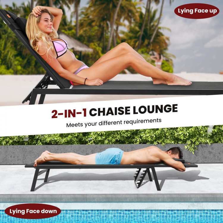 Adjustable black patio sunbathing lounge chair shown in two positions, perfect for backyard or poolside relaxation.