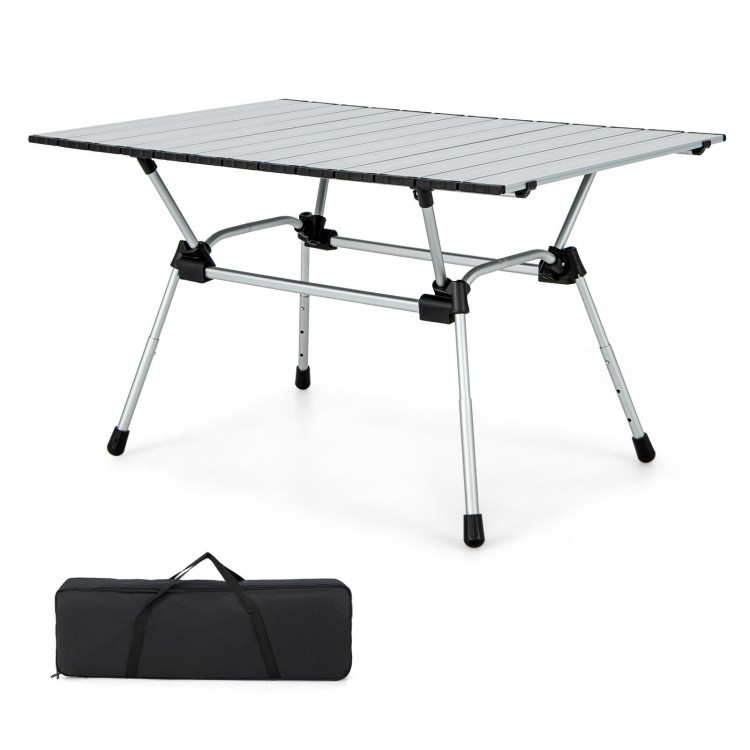 Folding heavy-duty aluminum camping table with adjustable height, anti-skid surface, and carrying bag for outdoor use.