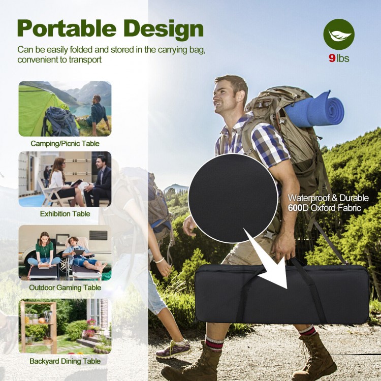 Folding heavy-duty aluminum camping table with carrying bag, waterproof surface, and adjustable height for outdoor.