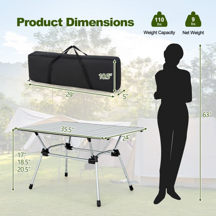 Folding heavy-duty aluminum camping table with adjustable height, portable carrying bag, ideal for outdoor activities.