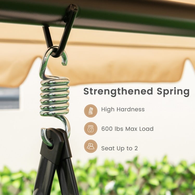 Strengthened spring detail for the 2-seat outdoor swing chair, supporting 600 lbs max load for safe swinging.