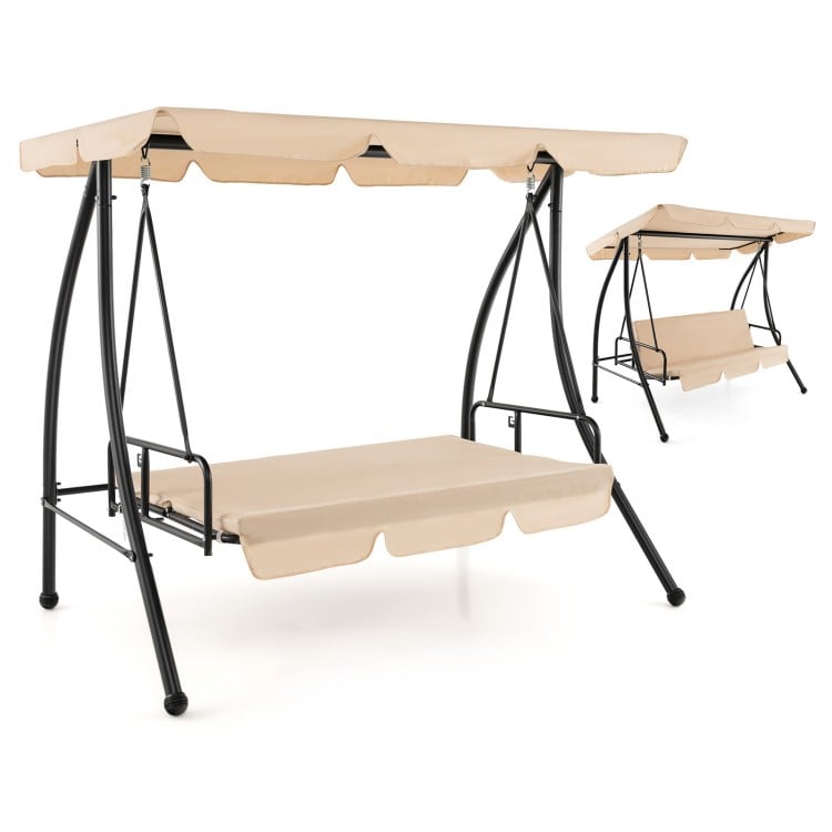 Convertible 2-seat outdoor swing chair with beige cushions and adjustable canopy, perfect for garden relaxation.