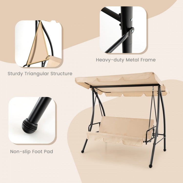 Sturdy triangular structure of the 2-seat outdoor swing chair with adjustable beige canopy for versatile outdoor use.