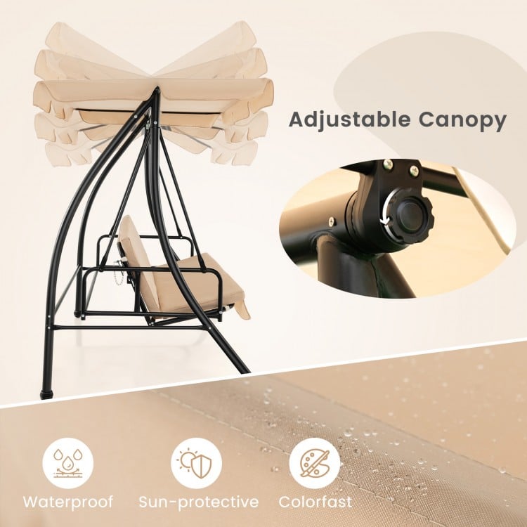 Adjustable canopy on a beige 2-seat outdoor convertible swing chair, designed for comfort and sun protection.