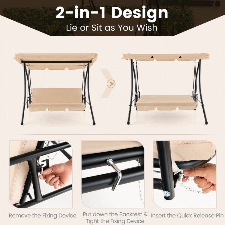 Convertible 2-seat outdoor swing chair in beige with adjustable canopy, designed for sitting or lying down comfortably.