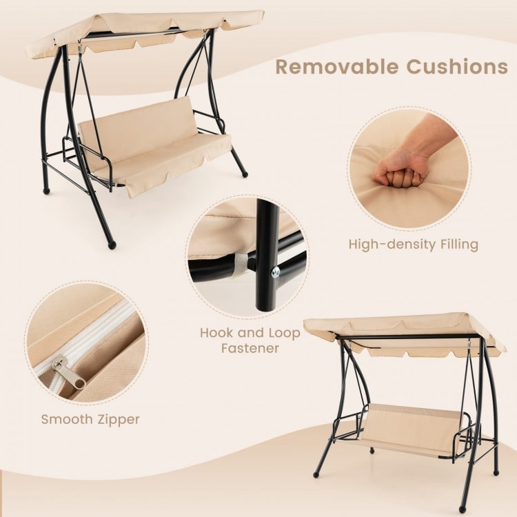 2-seat outdoor convertible swing chair in beige with removable cushions and adjustable canopy for garden relaxation.
