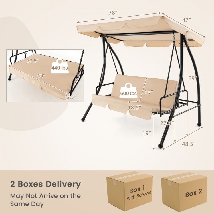 Convertible 2-seat outdoor swing chair with adjustable beige canopy, supports 600 lbs, ideal for garden or backyard use.