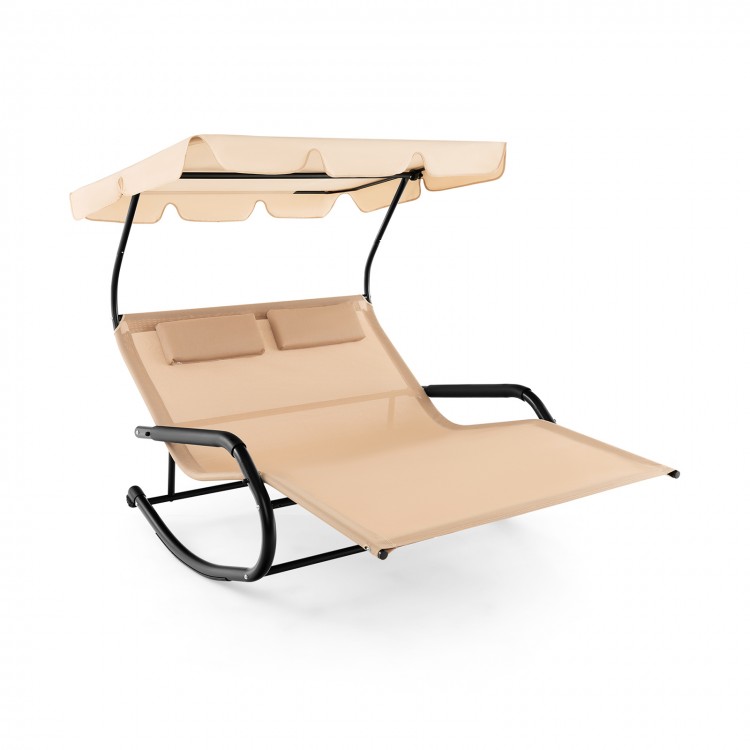Outdoor rocking chaise lounge for 2 with beige fabric, adjustable canopy, and wheels for easy movement by the poolside.