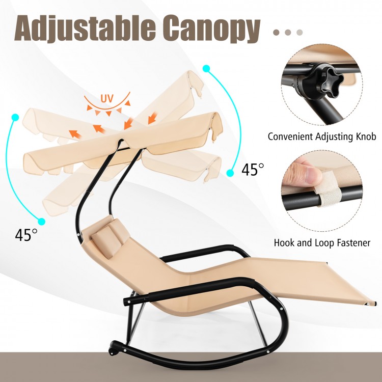 Beige outdoor rocking chaise lounge for 2 with adjustable canopy, ergonomic design, and wheels for easy movement.