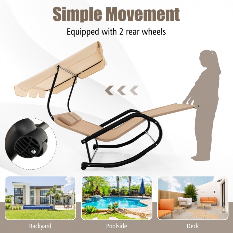Outdoor rocking chaise lounge with canopy and wheels, beige fabric, ideal for poolside or backyard relaxation.