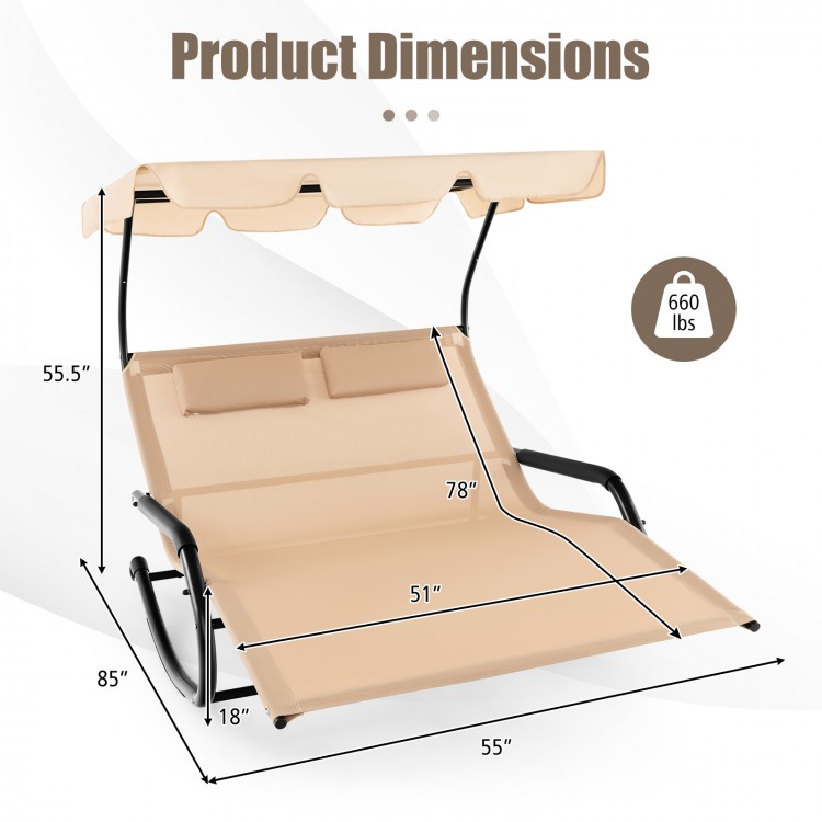 Dimensions of the Outdoor 2 Persons Rocking Chaise Lounge with Canopy, featuring a sturdy metal frame and adjustable.