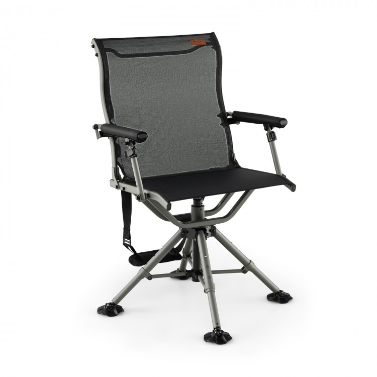 360-degree silent swivel hunting chair in black with adjustable height and breathable fabric for outdoor activities.