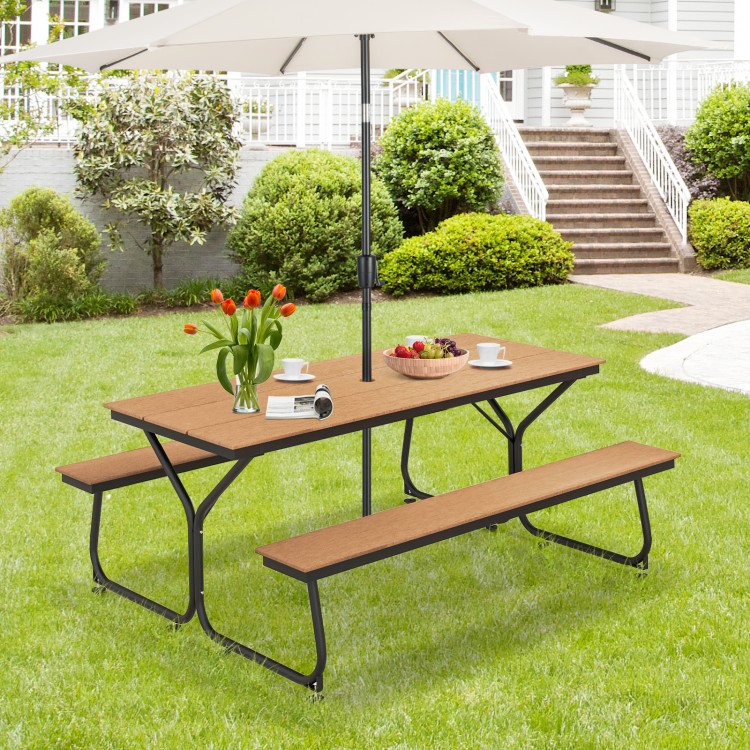 Outdoor picnic table bench set in brown, seating 6-8 people, featuring a weather-resistant HDPE tabletop and umbrella.